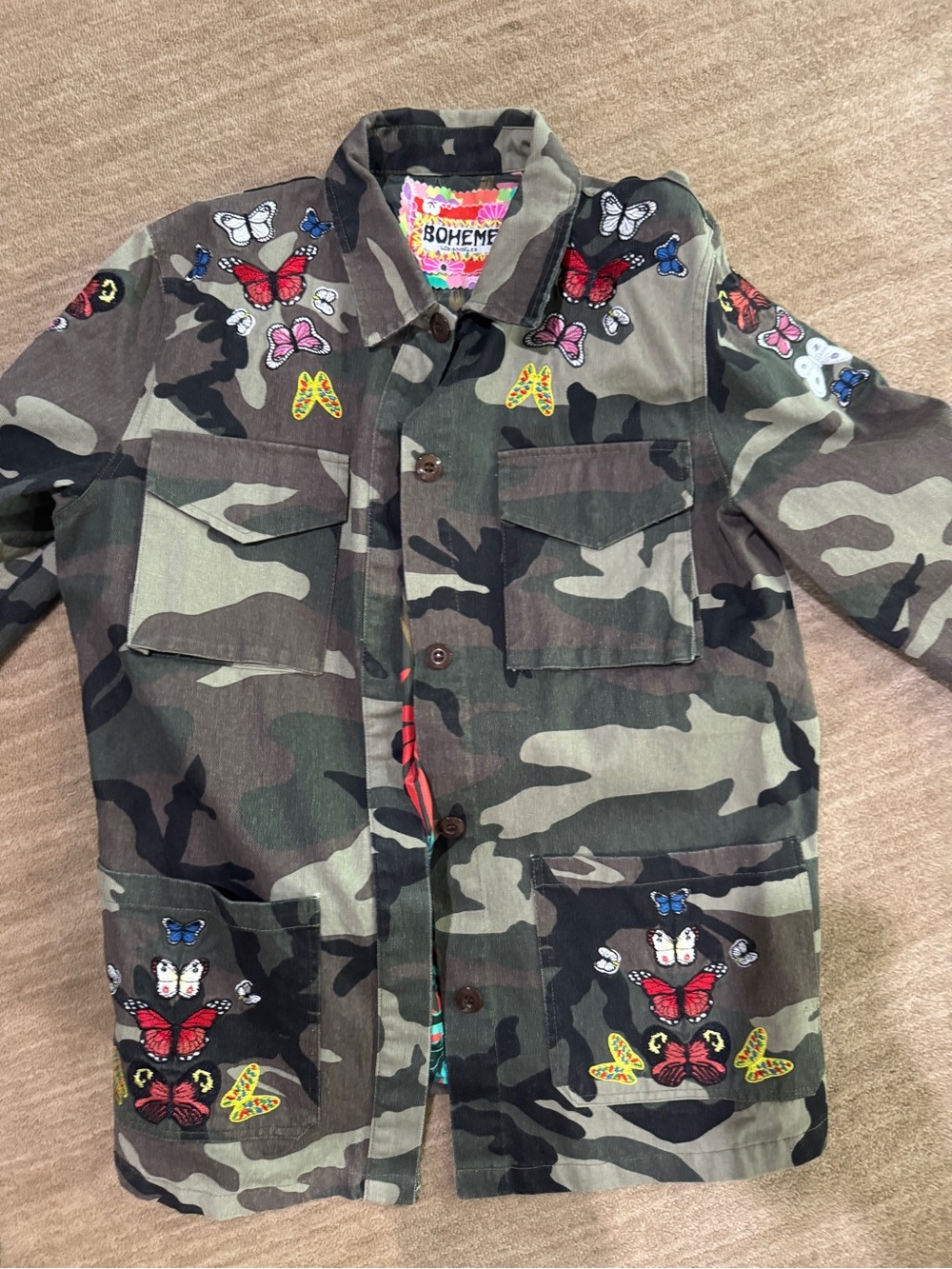 Boheme Camo Utility Jacket with Multicolor Butterfly Patches